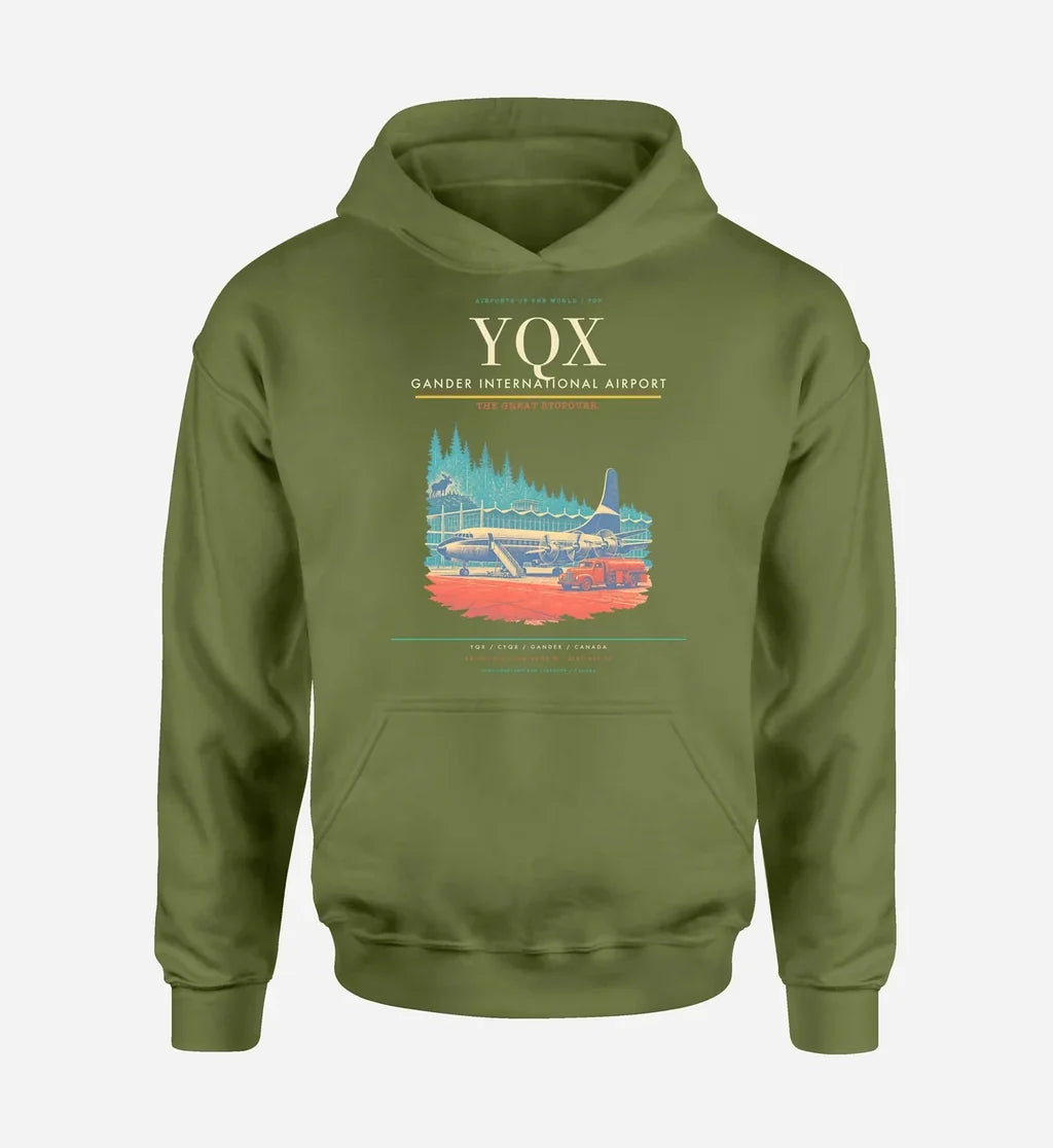 Gander International Airport (YQX) design on green army hoodie single-side print
