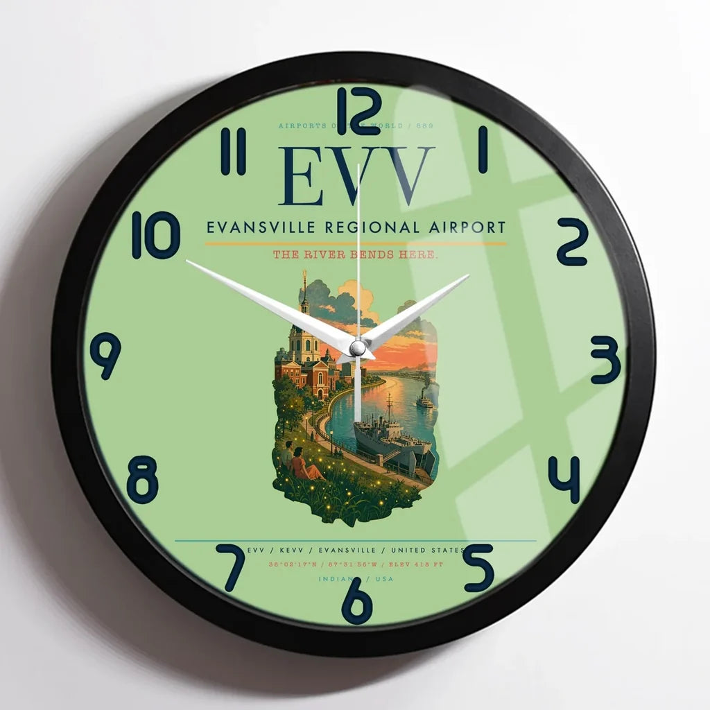 Evansville Regional Airport (EVV) design on light green framed wall clock