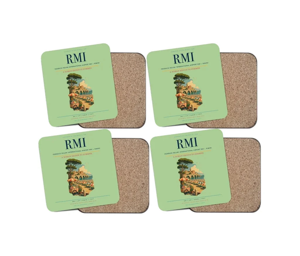 Federico Fellini International Airport (RMI) design on light green 4 pieces set coaster