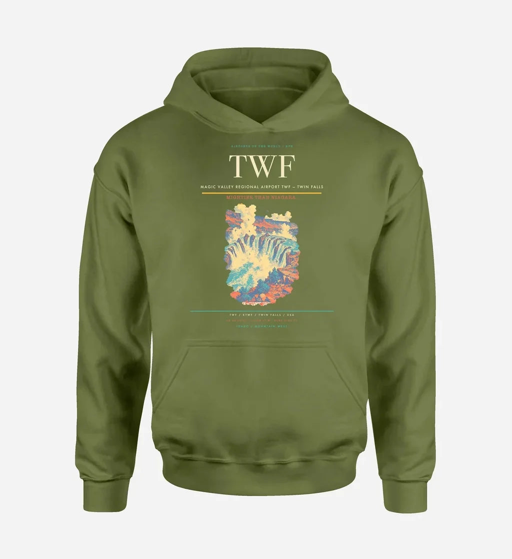 Magic Valley Regional Airport (TWF) design on green army hoodie single-side print