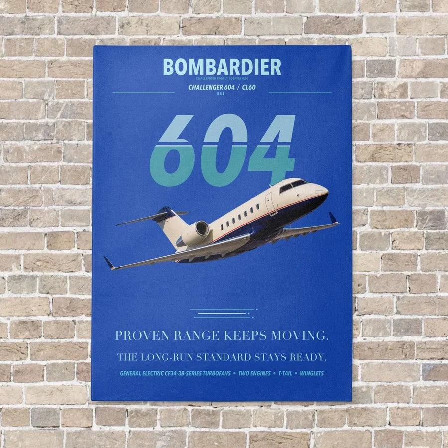 Bombardier Challenger 604 vertical canvas print - no frame - blue background