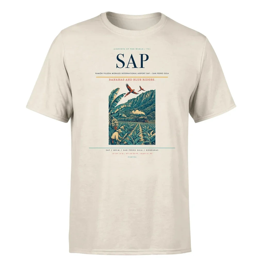 Ramón Villeda Morales International Airport (SAP) T-Shirt single-side front print in Beige | ramón-villeda-morales-international-airport-sap-double-side-t-shirt