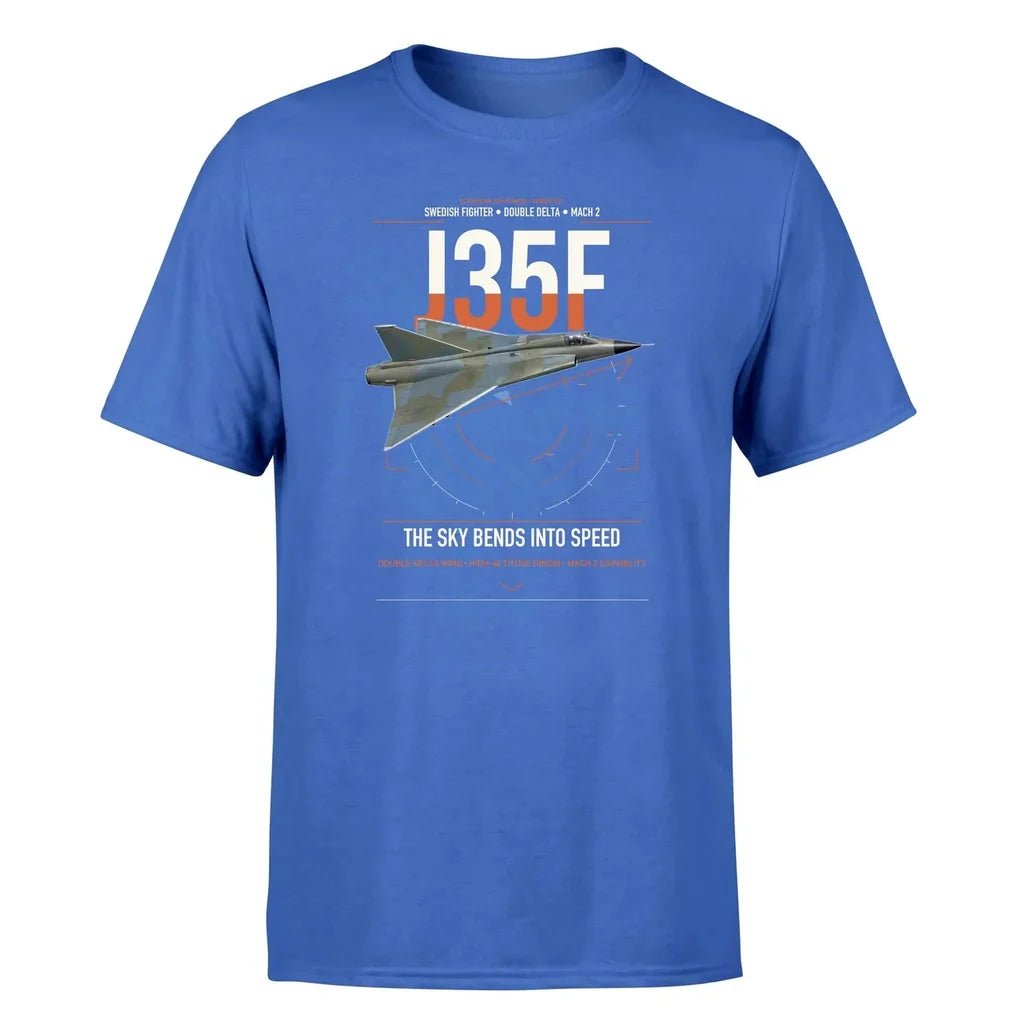 Saab J 35F Draken design on blue t-shirt, single-side print