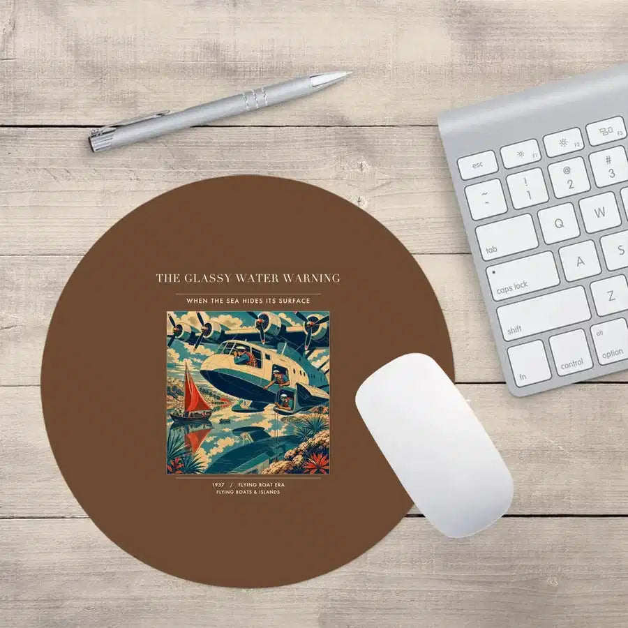 VINTAGE G4280 - The Glassy Water Warning - Designed Mouse Pads design on brown round