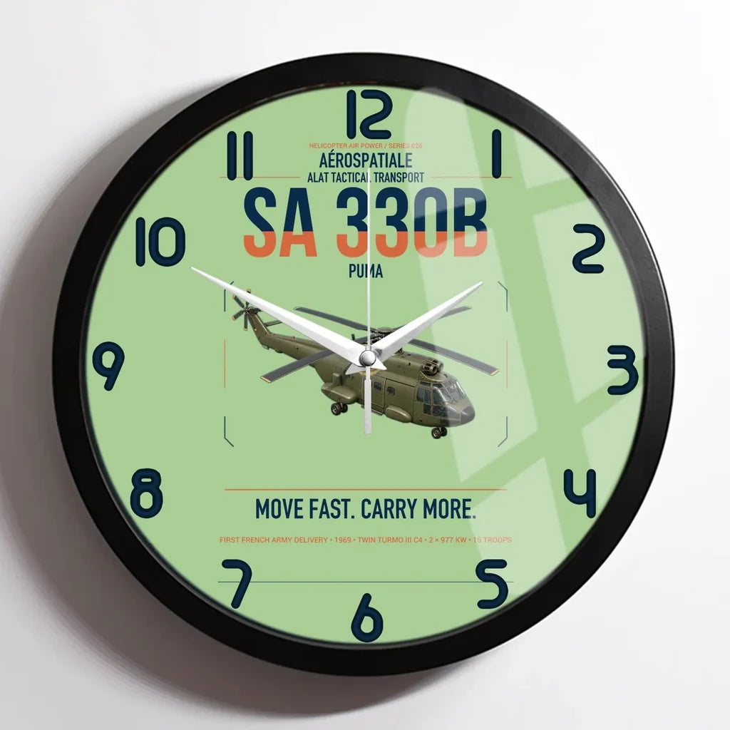 Aérospatiale SA 330B Puma design on light green framed wall clock