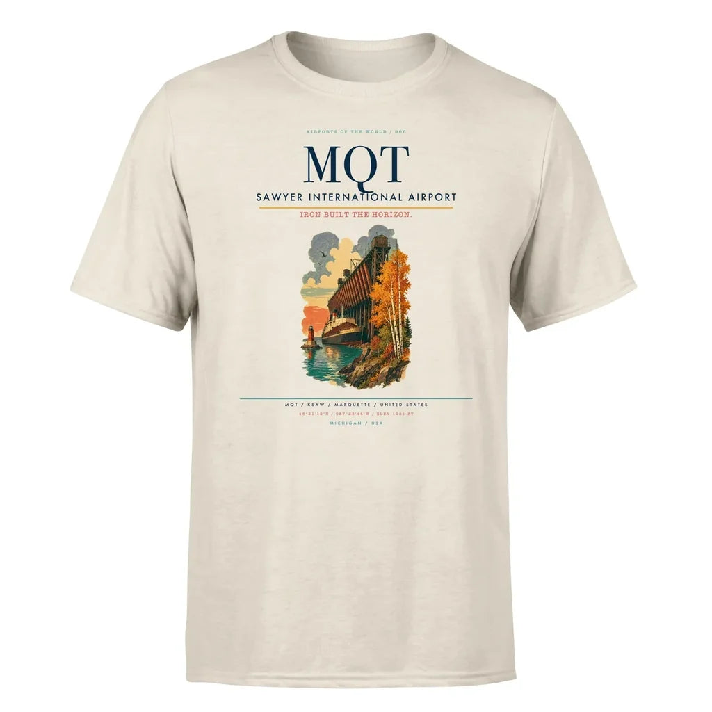 Sawyer International Airport (MQT) T-Shirt single-side front print in Beige | sawyer-international-airport-mqt-double-side-t-shirt