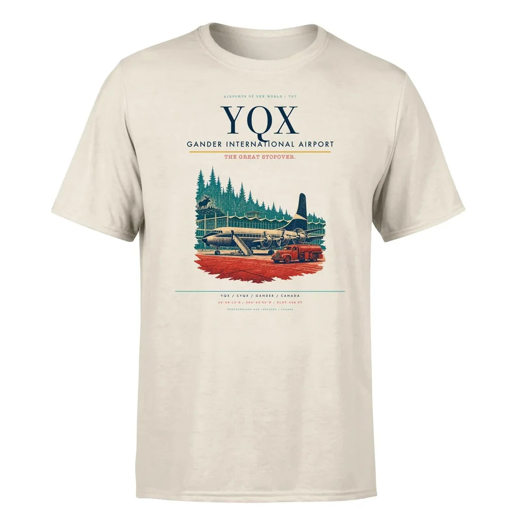 Gander International Airport (YQX) T-Shirt single-side front print in Beige | gander-international-airport-yqx-double-side-t-shirt