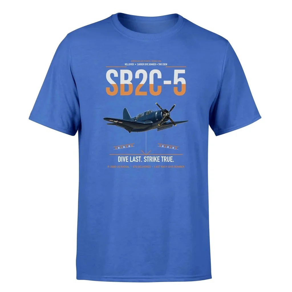 SB2C-5 Helldiver design on blue double-side t-shirt, single-side print