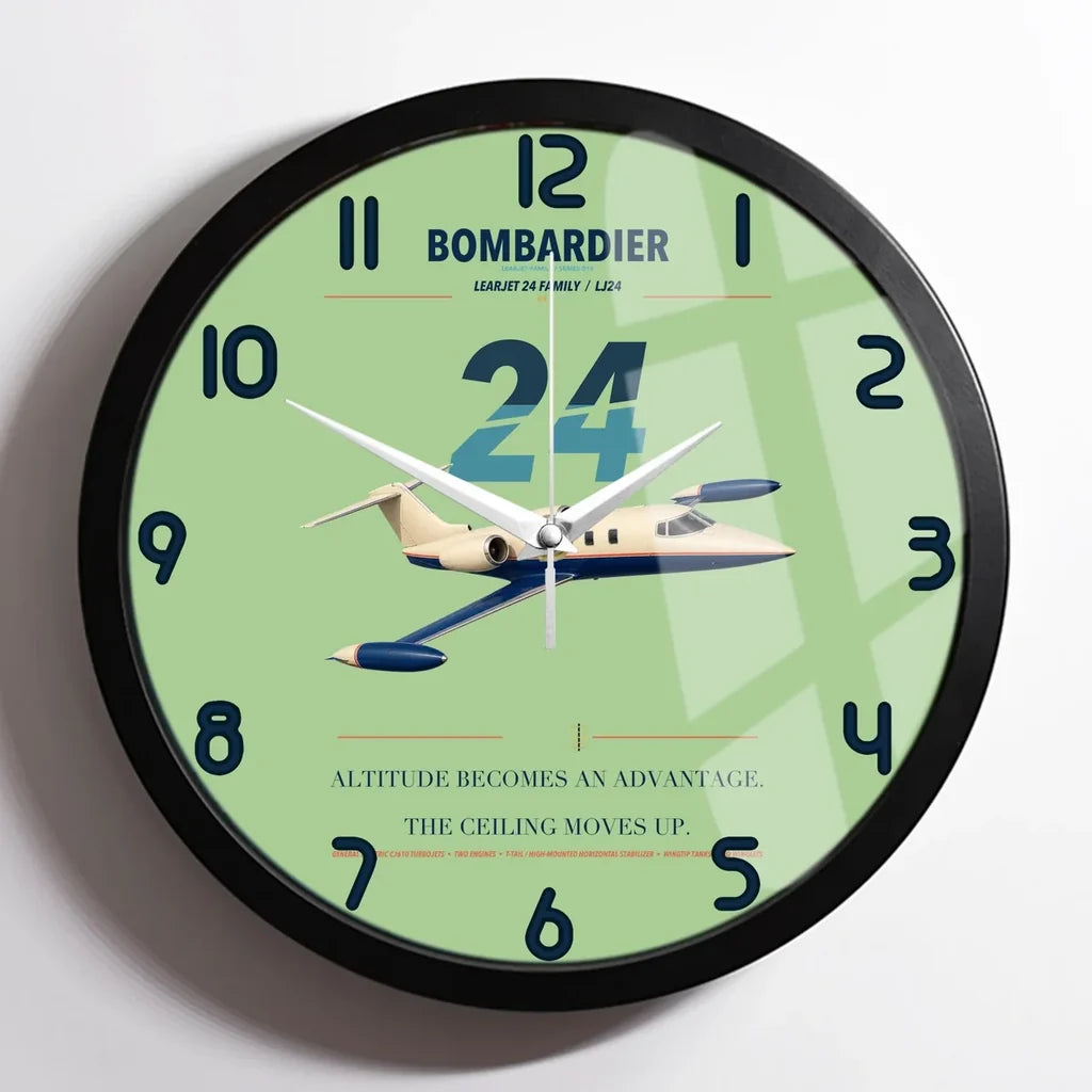 Bombardier Learjet 24 design on light green framed wall clock