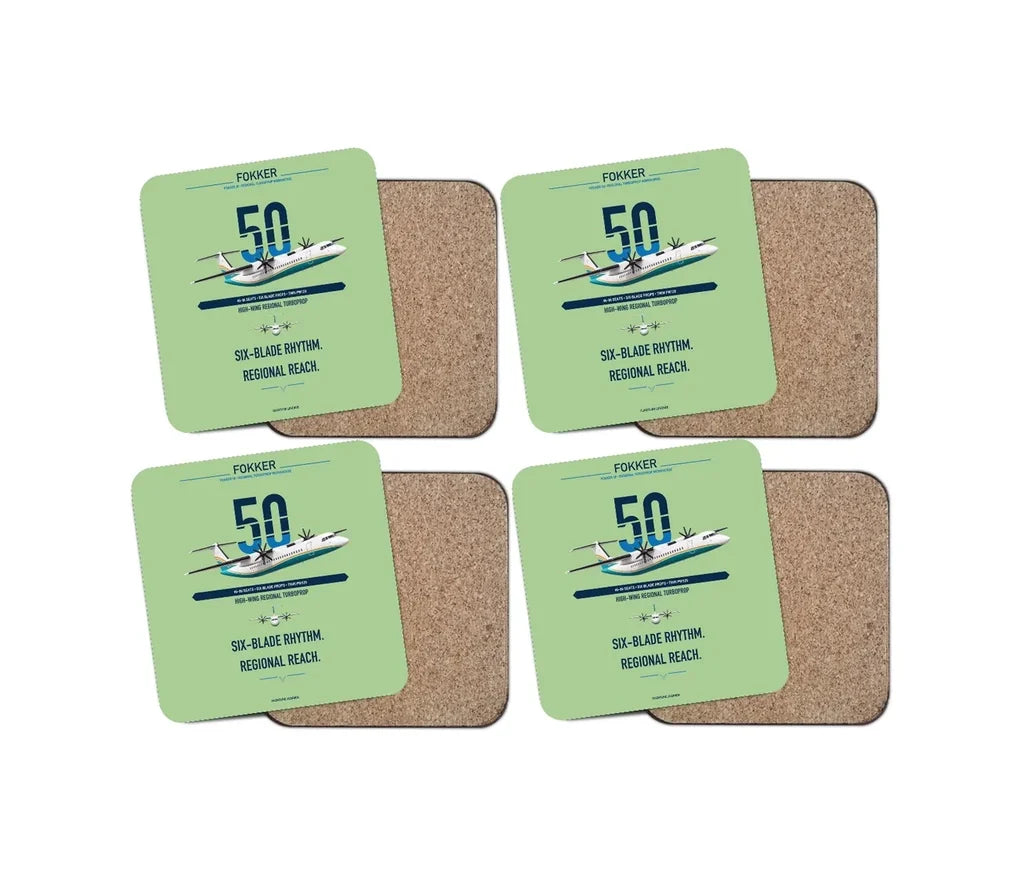 Fokker 50 design on light green 4 pieces set coaster