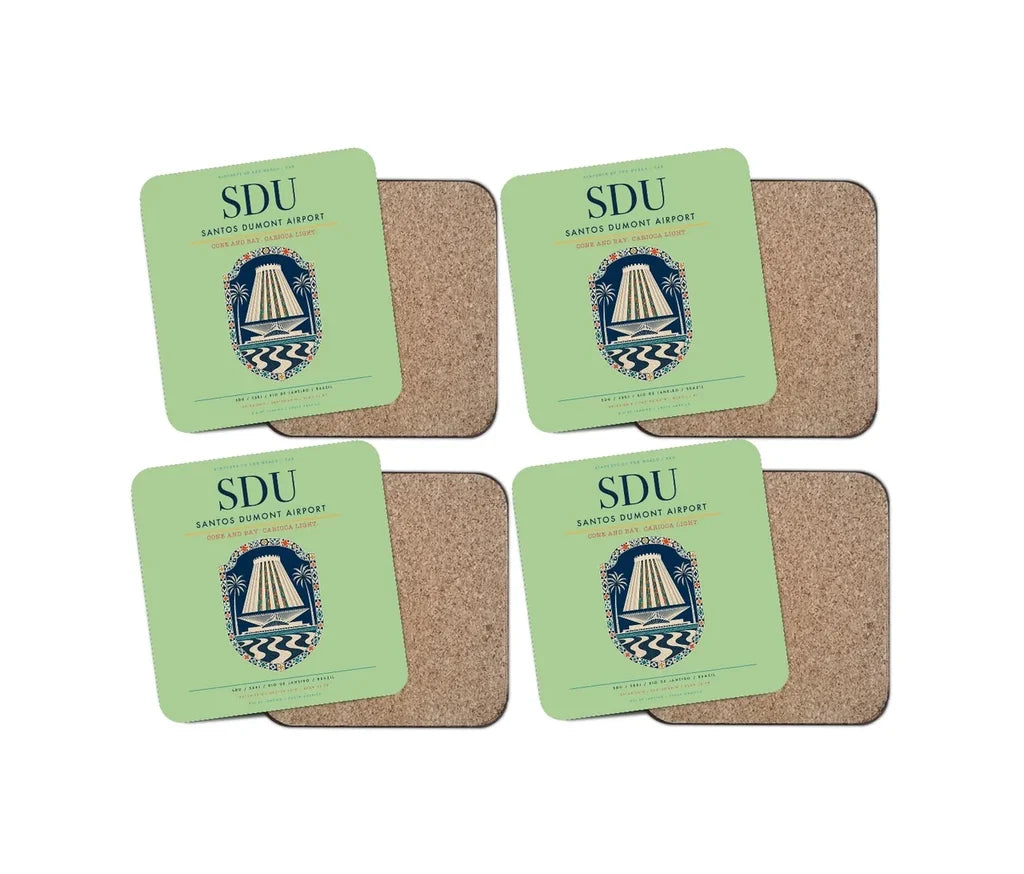 Santos Dumont Airport (SDU) design on light green 4 pieces set coaster