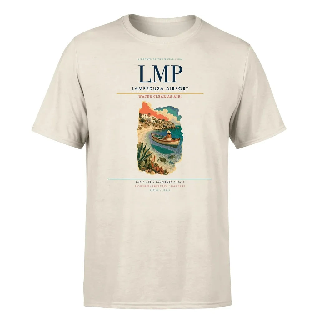 Lampedusa Airport (LMP) T-Shirt single-side front print in Beige | lampedusa-airport-lmp-double-side-t-shirt