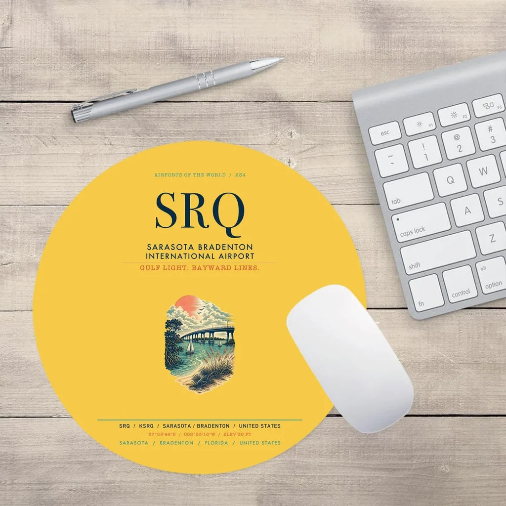 Sarasota Bradenton International Airport (SRQ) design on yellow round mouse pad