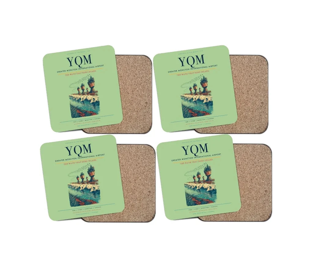 Greater Moncton International Airport (YQM) design on light green 4 pieces set coaster