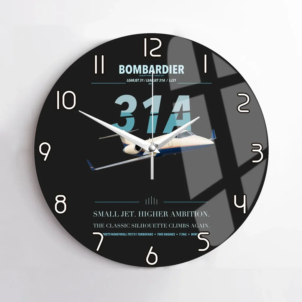 Bombardier Learjet 31A design on black no frame wall clock