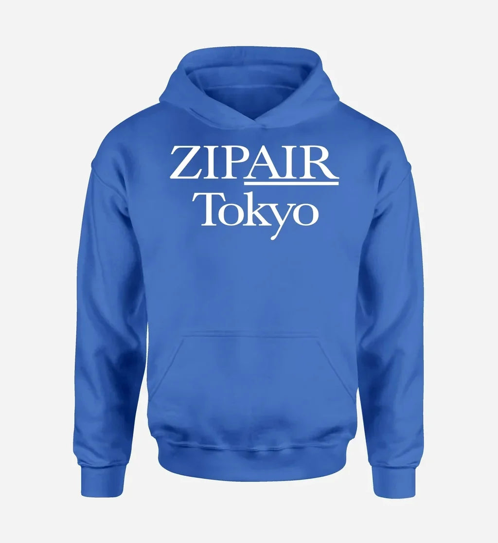 Zipair logo printed on blue hoodie