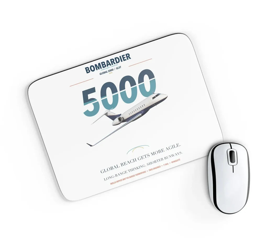Bombardier Global 5000 design on white rectangle mouse pad