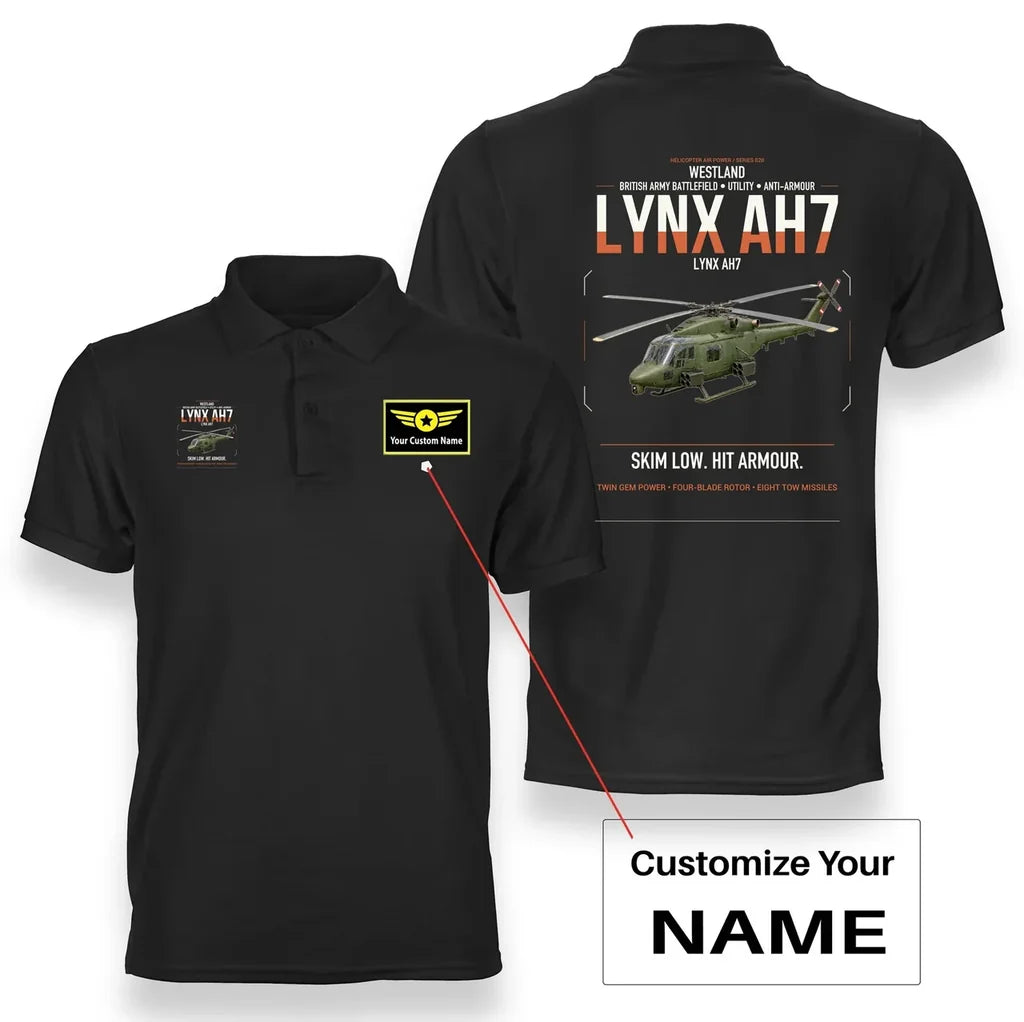 Westland Lynx AH7 design on black+name double-side polo t-shirt, double-side print