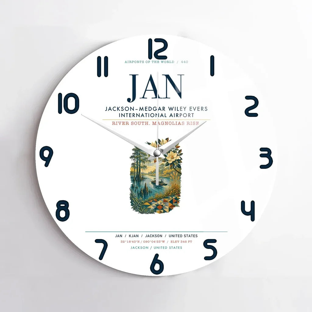 Jackson–Medgar Wiley Evers International Airport (JAN) design on white no frame wall clock