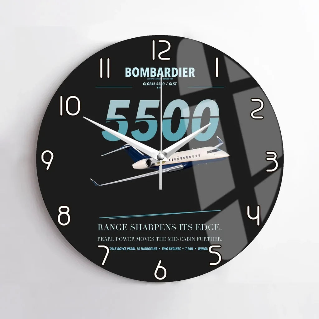 Bombardier Global 5500 design on black no frame wall clock