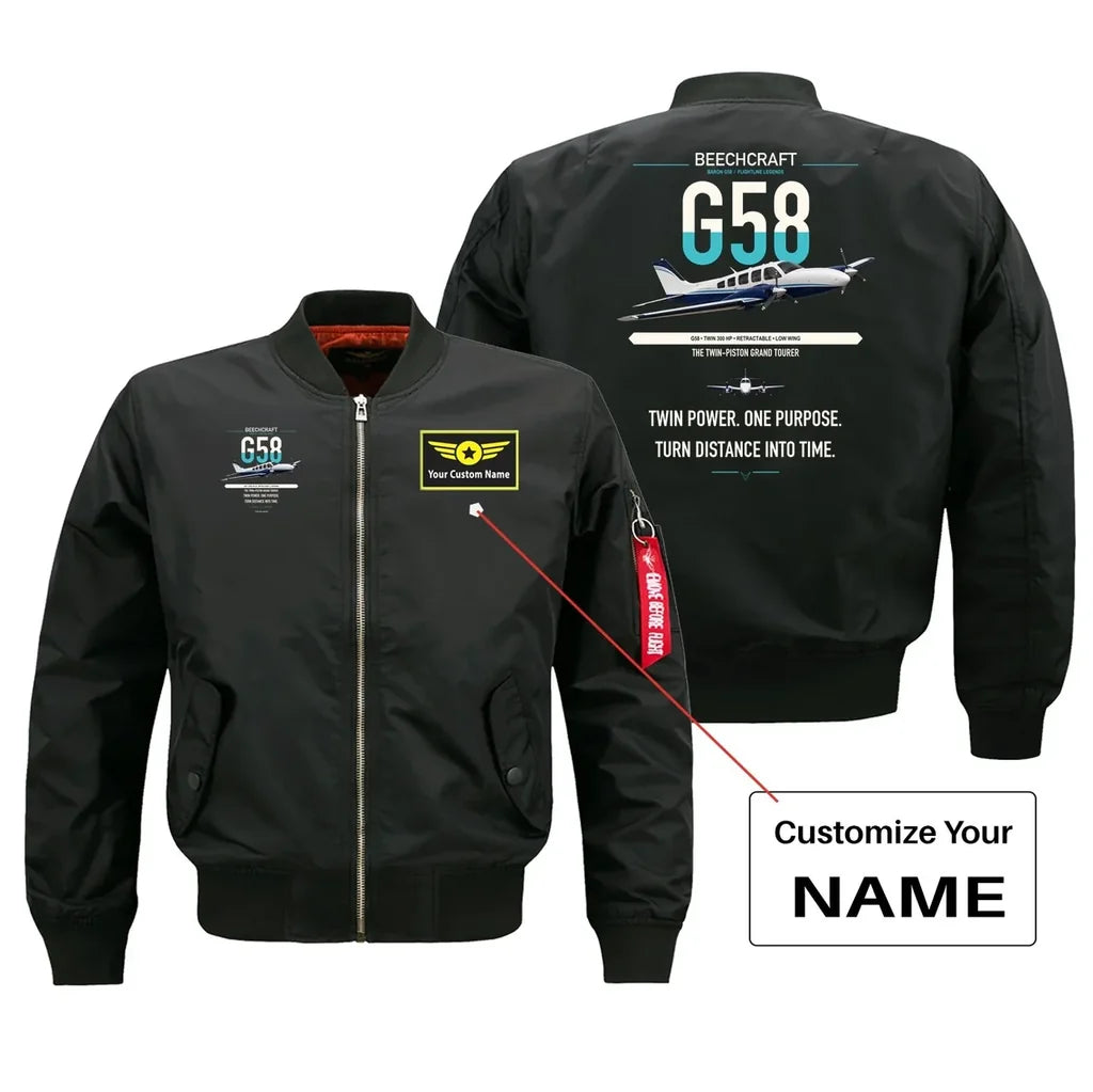 Beechcraft Baron G58 design on black+name bomber jacket, double-side print