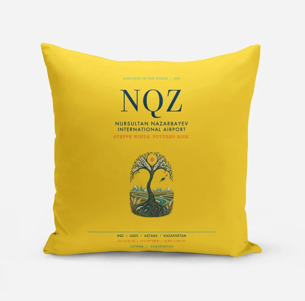 Nursultan Nazarbayev International Airport Astana (NQZ) design on yellow pillow