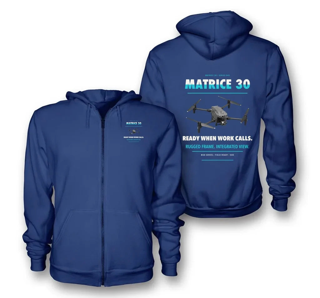 DJI Matrice 30 design on blue zipped hoodie