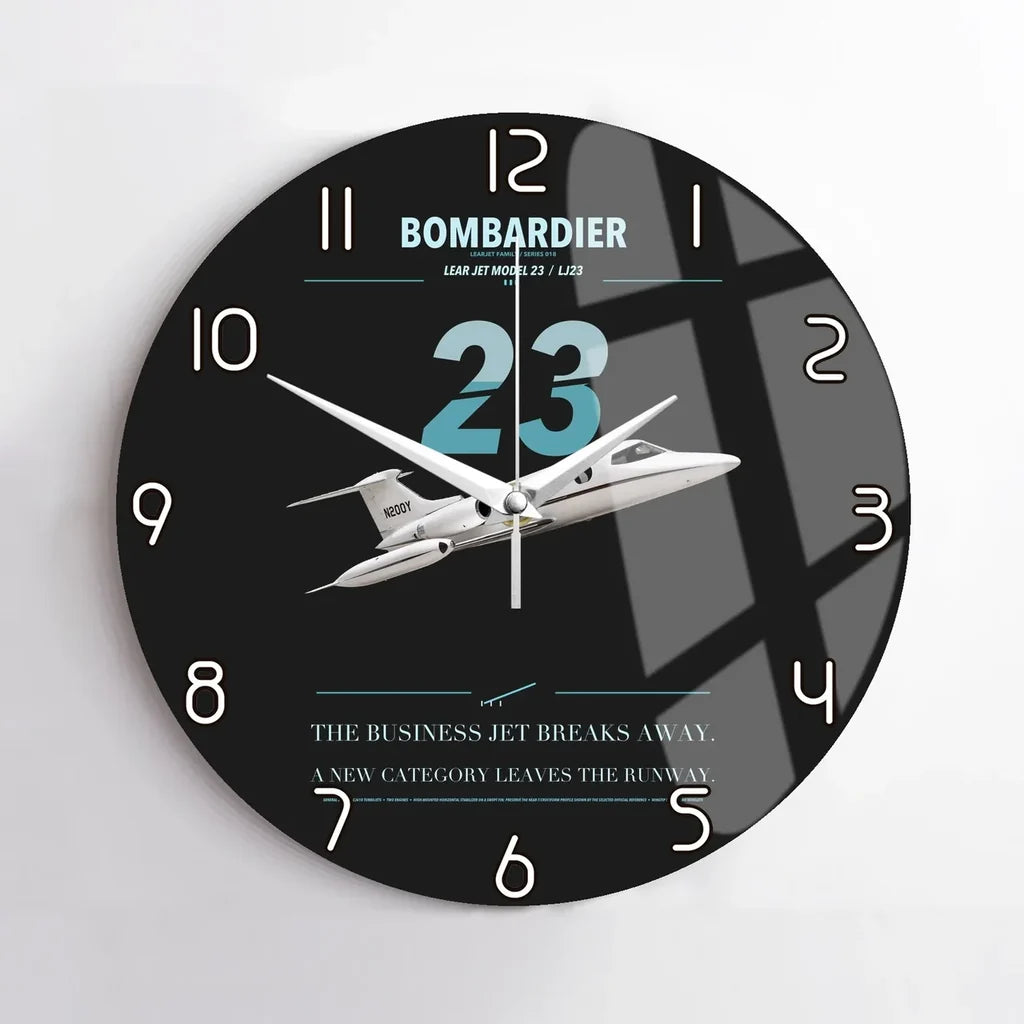 Bombardier Learjet 23 design on black no frame wall clock