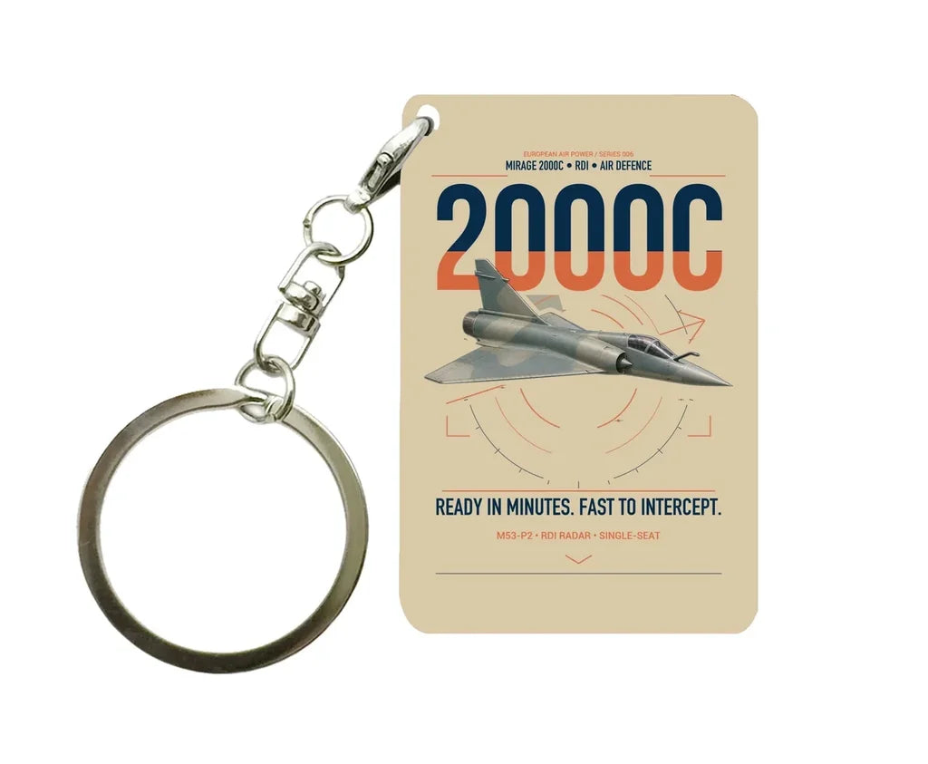 Dassault Mirage 2000C RDI design on beige designed key chain, double-side print