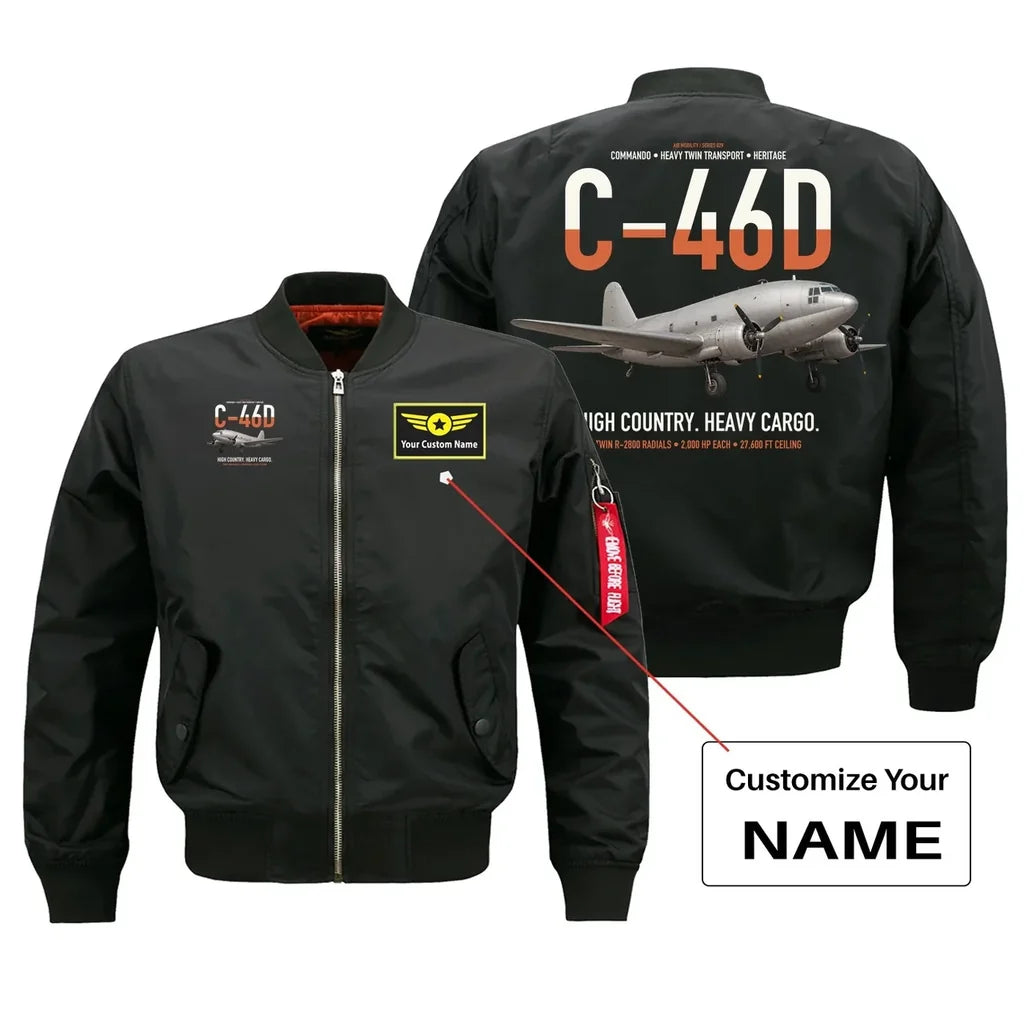 C-46D Commando design on black+name bomber jacket, double-side print