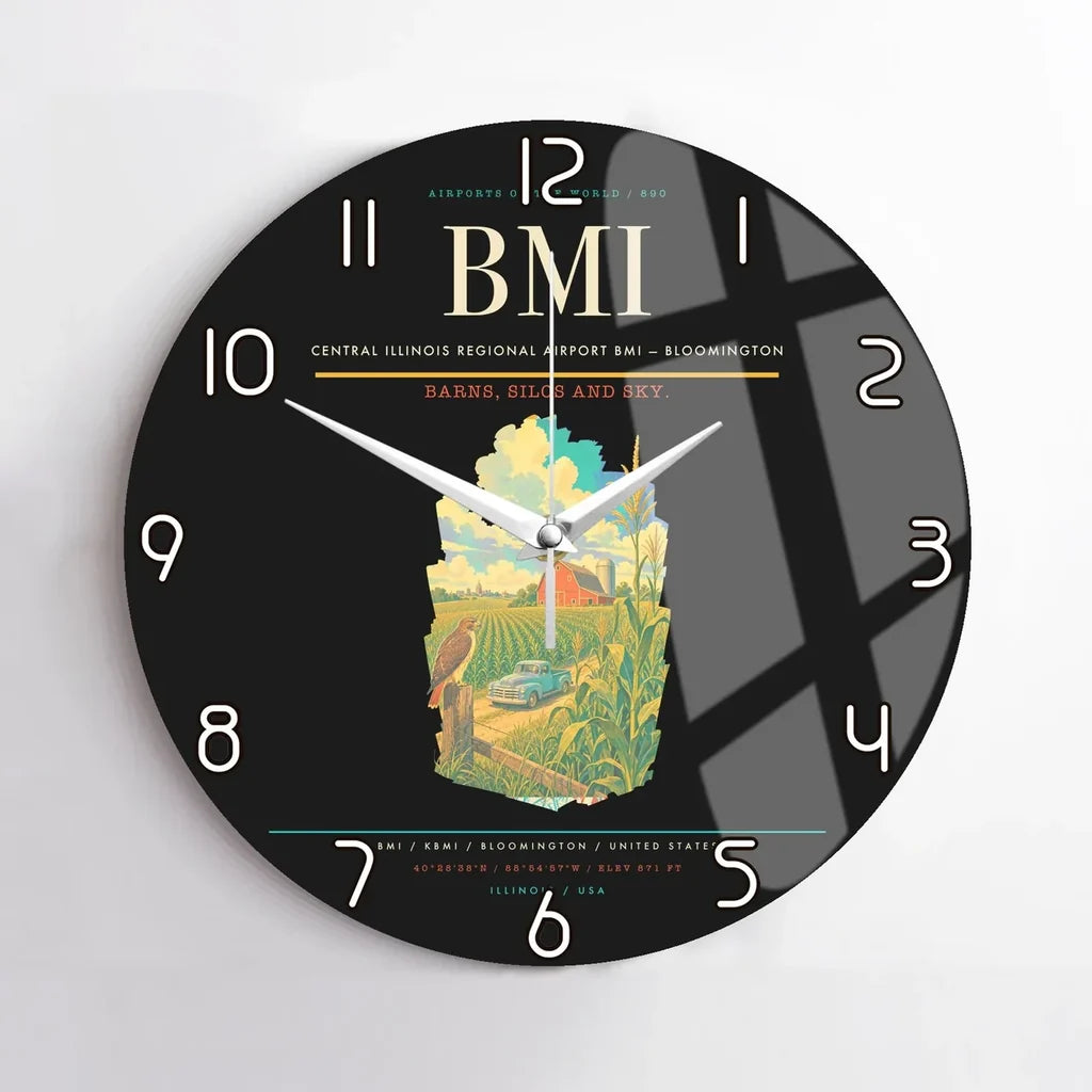 Central Illinois Regional Airport (BMI) design on black no frame wall clock