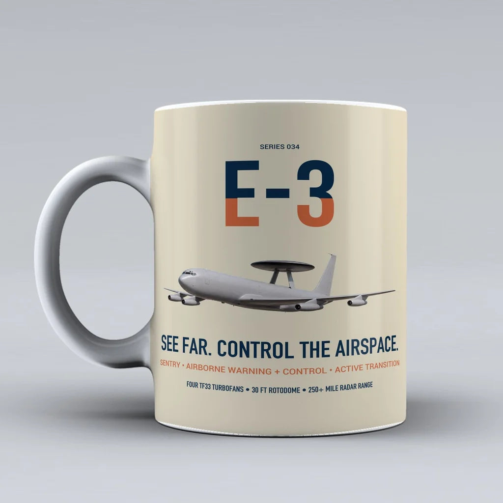 E-3 Sentry AWACS design on beige ceramic mug, double-side print
