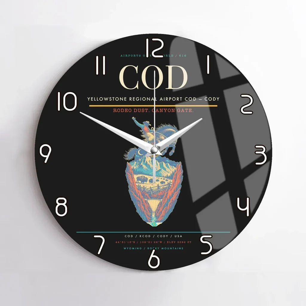 Yellowstone Regional Airport (COD) design on black no frame wall clock