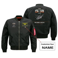 Thumbnail for Leonardo CH-149 Cormorant design on black+name bomber jacket, double-side print