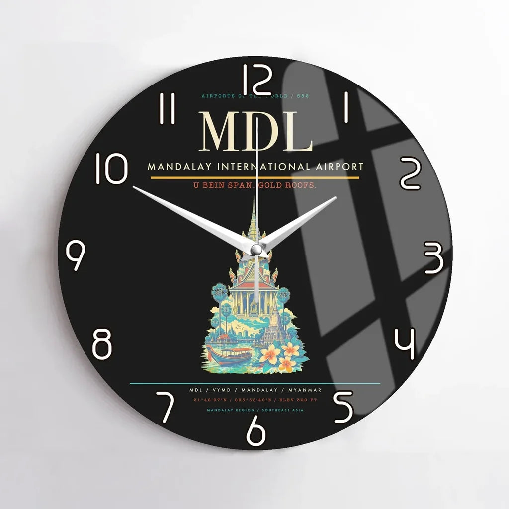 Mandalay International Airport (MDL) design on black no frame wall clock