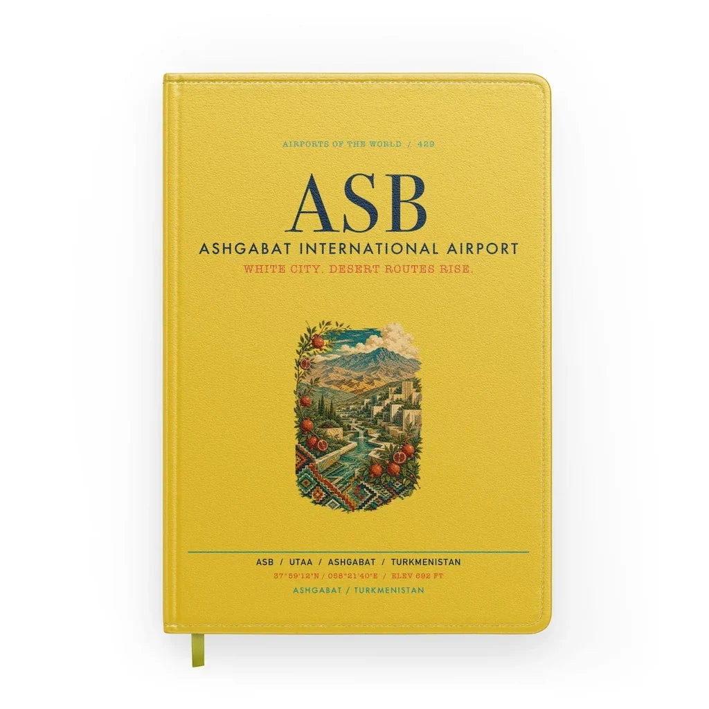 Ashgabat International Airport (ASB) design on yellow notebook