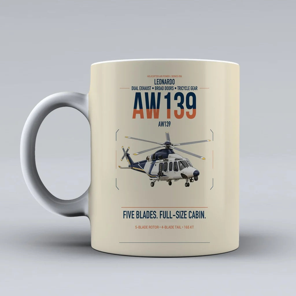 Leonardo AW139 design on beige ceramic mug, double-side print