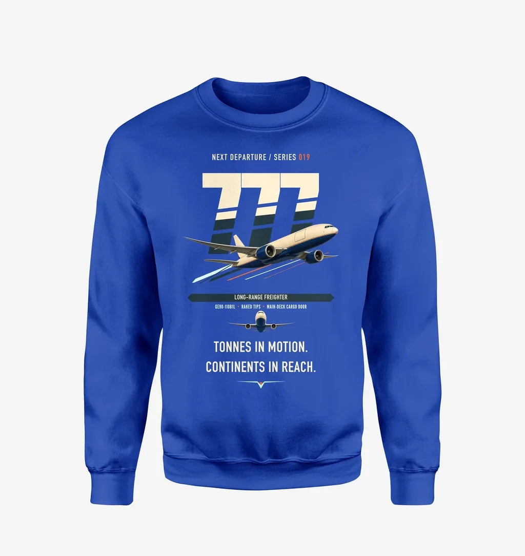 Boeing 777F design on blue sweatshirt