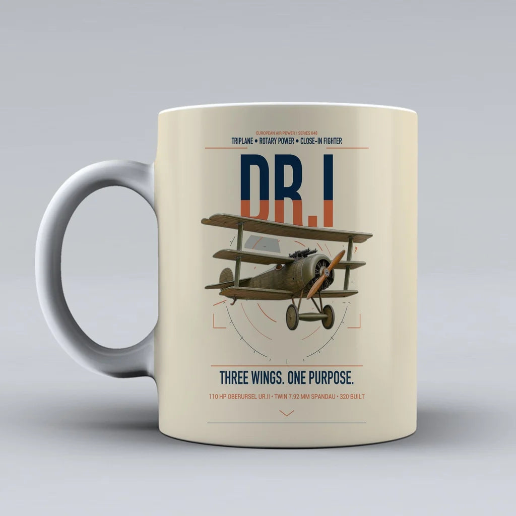 Fokker Dr.I design on beige ceramic mug, double-side print