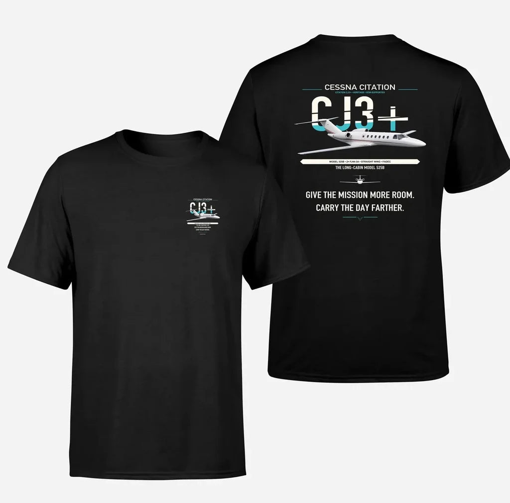Cessna Citation CJ3+ design on black double-side t-shirt, double-side print