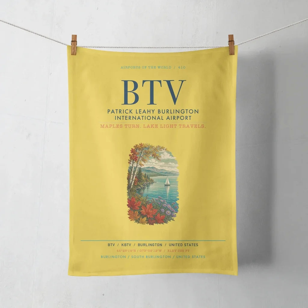 Patrick Leahy Burlington International Airport (BTV) design on yellow towel