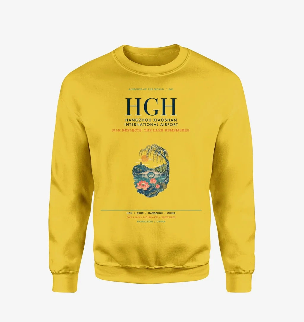 Hangzhou Xiaoshan International Airport (HGH) design on yellow sweatshirt