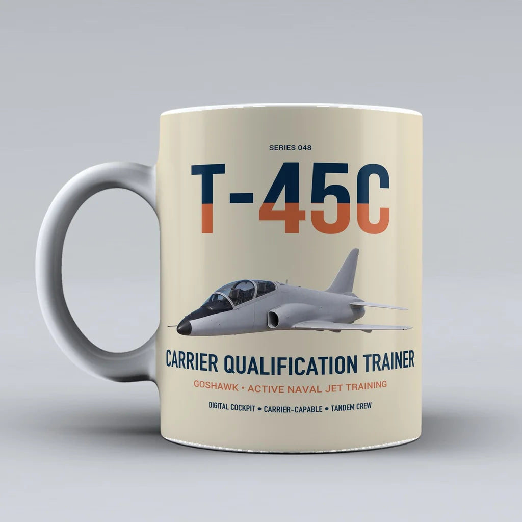 T-45C Goshawk design on beige ceramic mug, double-side print