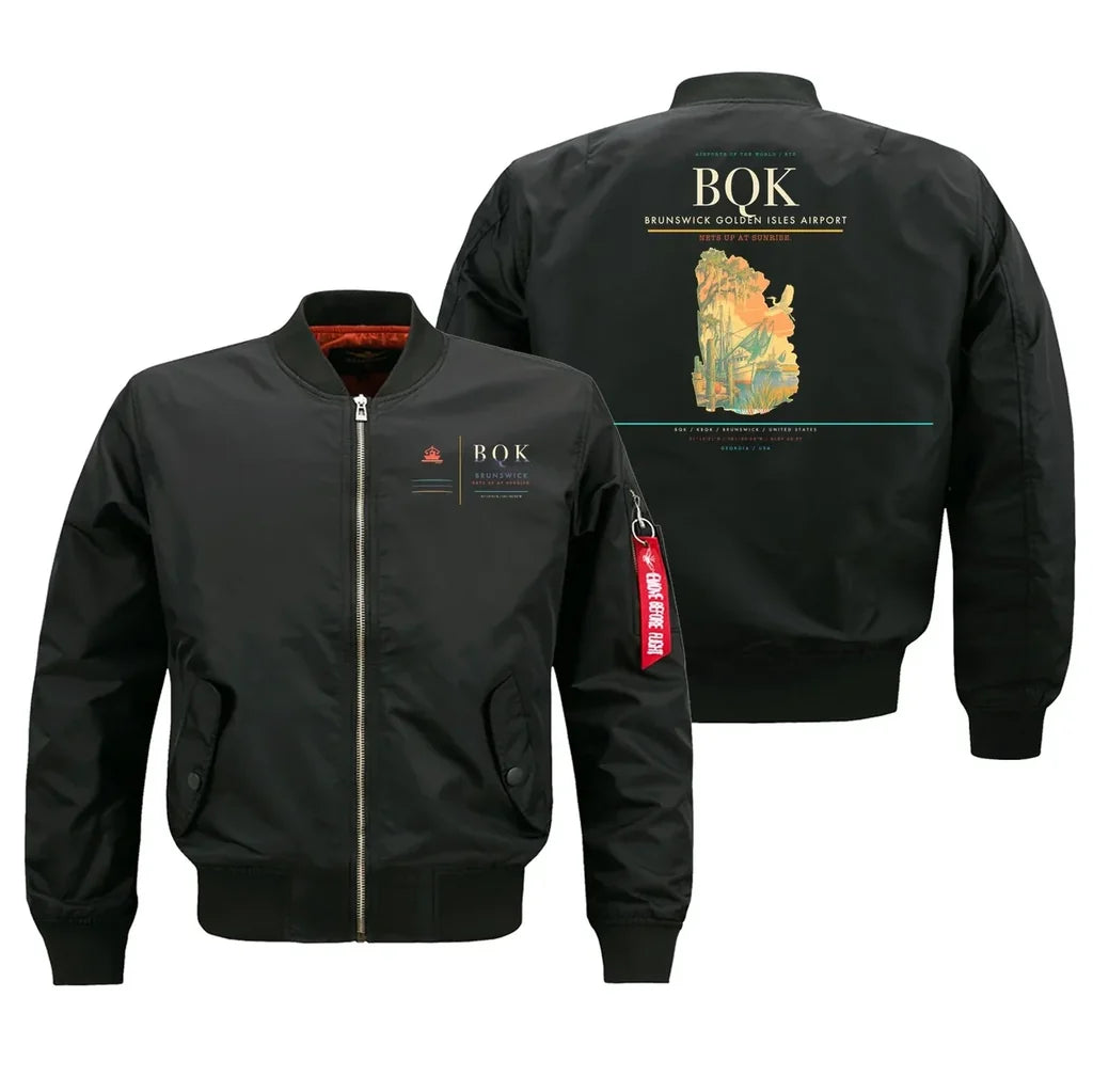 Brunswick Golden Isles Airport (BQK) design on black bomber jacket