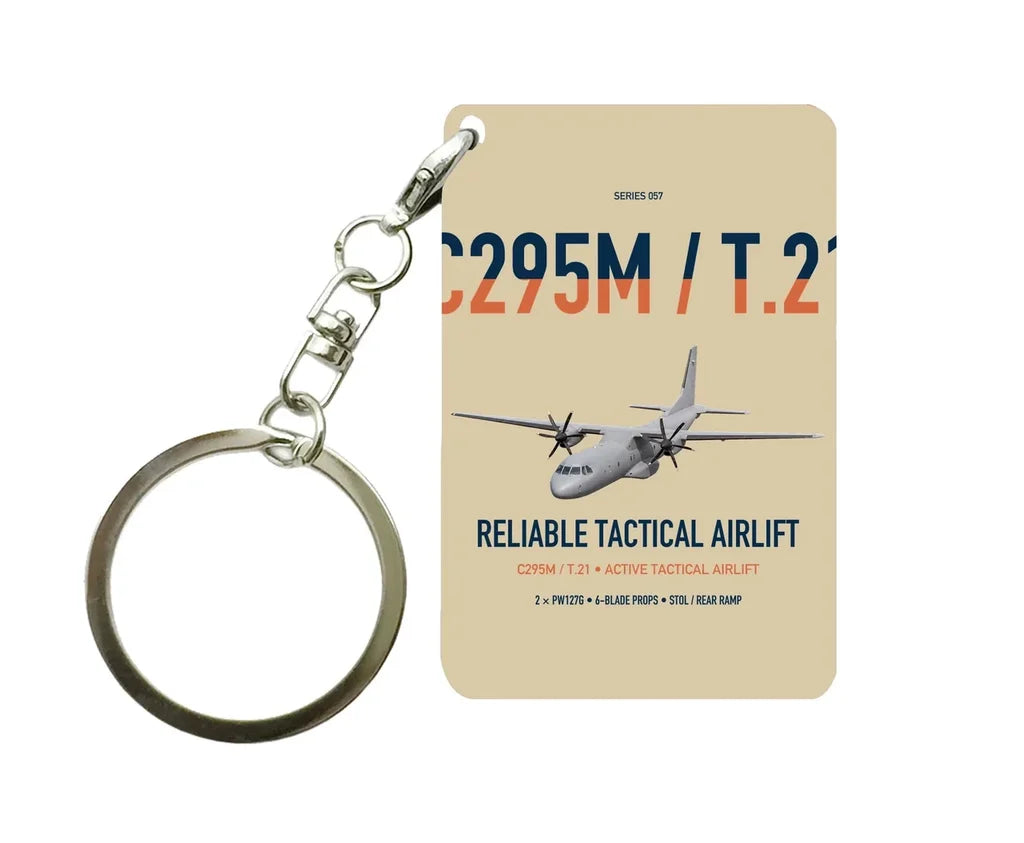 Airbus C295M T.21 design on beige designed key chain, double-side print