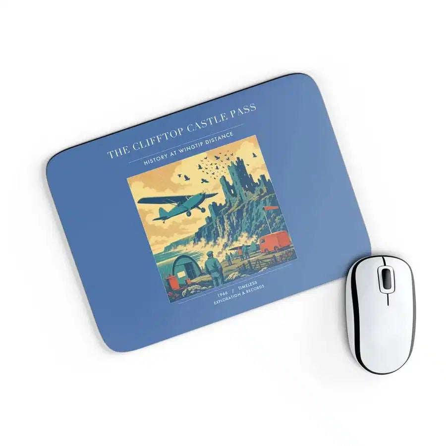 VINTAGE G4447 - The Clifftop Castle Pass - Designed Mouse Pads design on blue rectangle