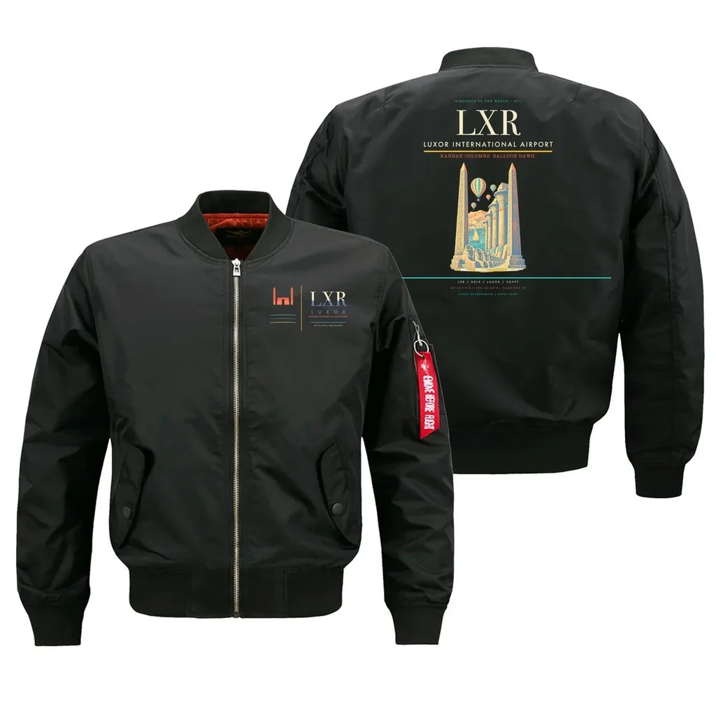 Luxor International Airport (LXR) design on black bomber jacket