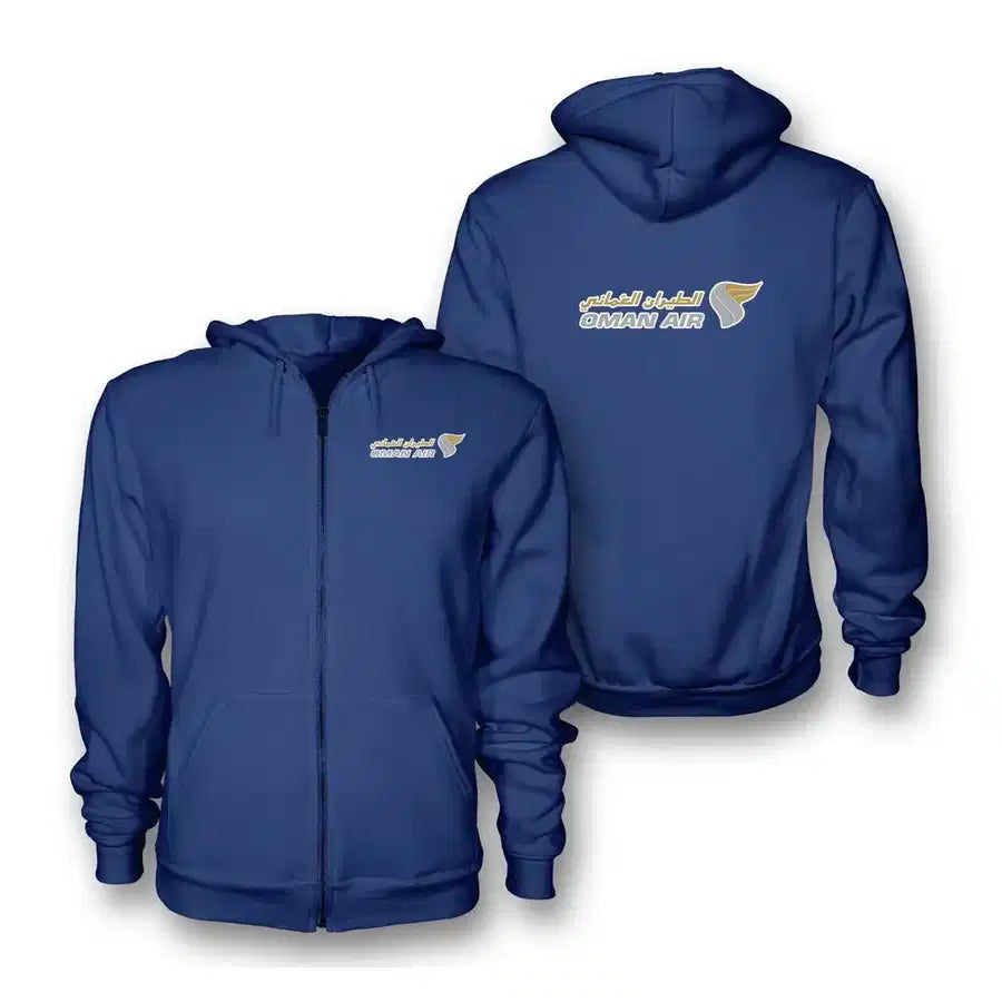 Oman Airlines logo on blue zipped hoodie