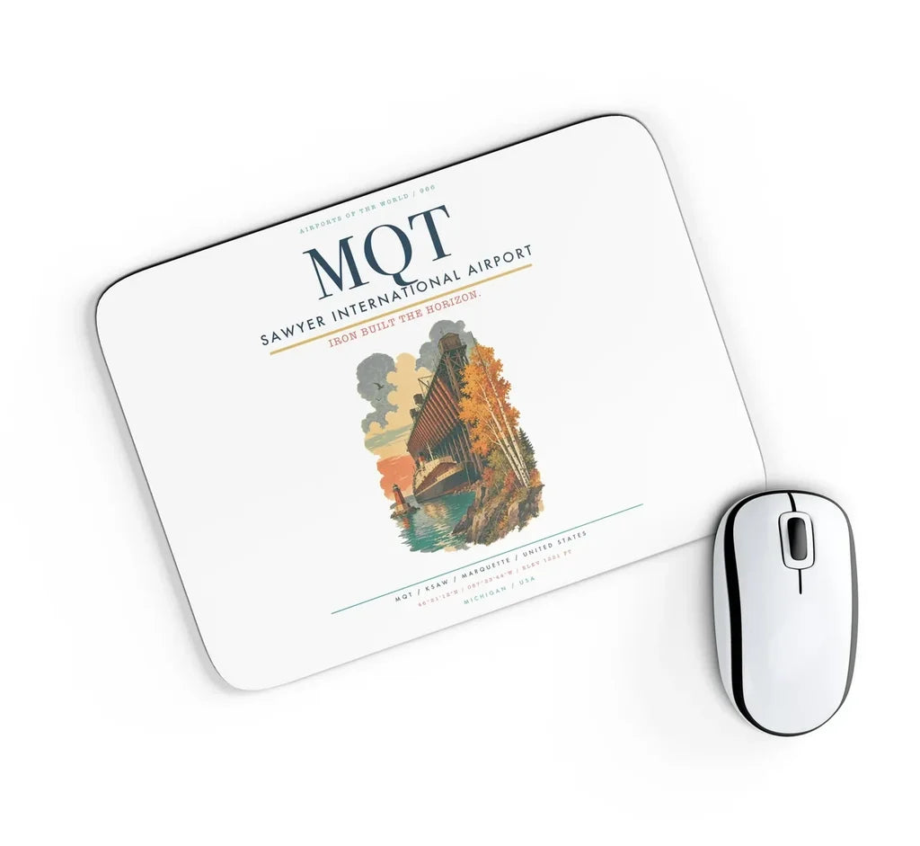 Sawyer International Airport (MQT) design on white rectangle mouse pad