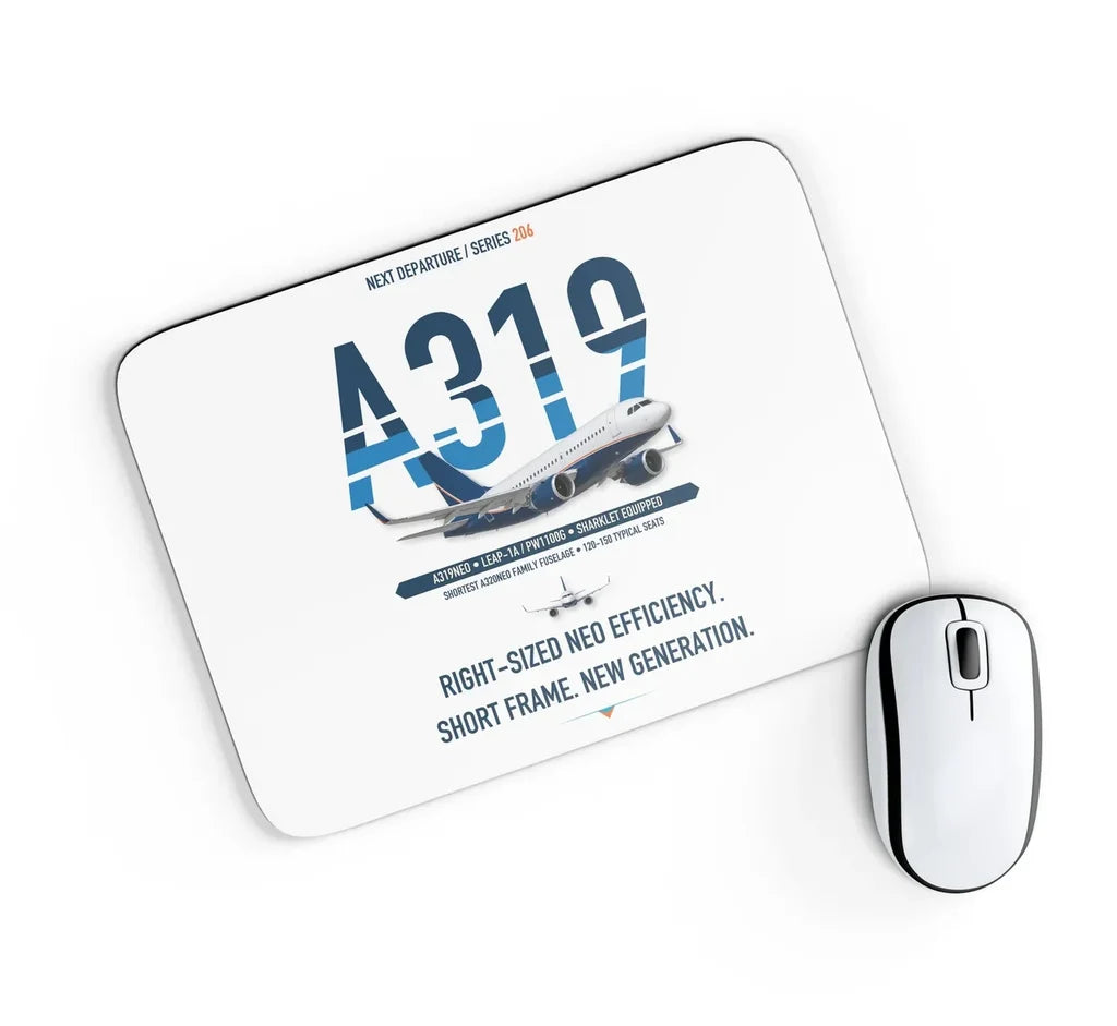 Airbus A319neo design on white rectangle mouse pad